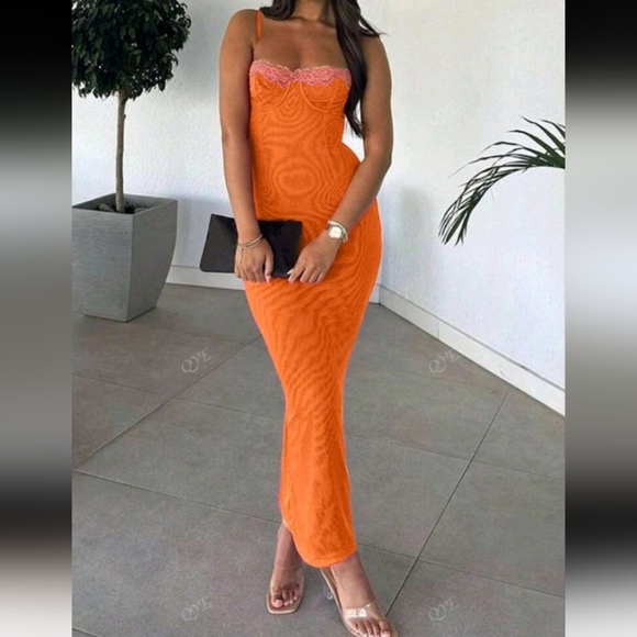 Women's Mesh Solid Color Lace Patchwork Bodycon Long Dresses, Grommet Eyelet - Picture 4 of 4